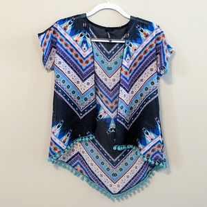 Girl's Colorful Print Wrap or cardigan with Pom Pom Trim